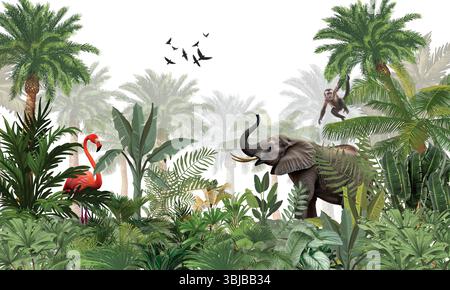 Fresque murale Lush Safari : éléphant exotique, flamant rose dans un paysage tropical vert Banque D'Images