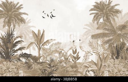 Murale de la faune agée : Flamingo sépia délavé, oiseaux et fond de forêt tropicale Banque D'Images