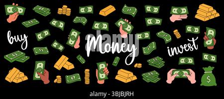 Billets d'un dollar vert. Argent liquide volant, billets de banque verts, pile d'argent, billets d'un dollar, pièces d'or et des lingots. Monnaie de papier-caisse. Illustration de Vecteur