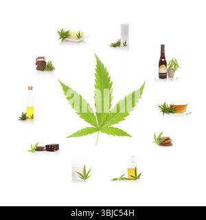 Le cannabis et son usage. Feuilles de marijuana et produits comestibles de marijuana. Beurre, thé, bière, boisson énergétique, huile, chocolat, biscuits et lait Banque D'Images