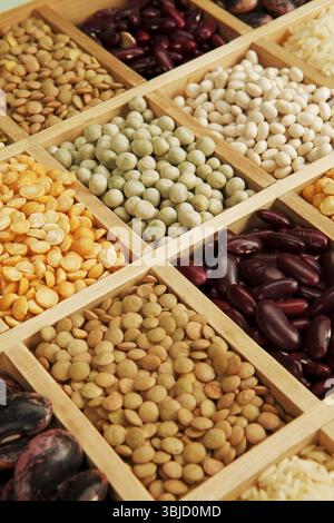 Variation de différents haricots, lentilles et pois dans une boîte en bois Banque D'Images