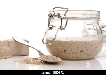 Levain au levain en pot et divers types de levure. Granules frais et secs isolés sur fond blanc Banque D'Images