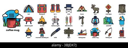 Une collection d'icônes pour le camping et les activités de plein air. Les icônes comprennent une tasse, un sac à dos, une tente, un couteau, une glacière, une canne à pêche, un canoë, un fi Illustration de Vecteur