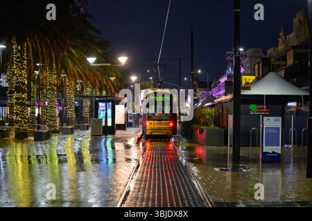Glenelg, Australie méridionale - juin 2025 : arrêt du tramway par nuit humide, reflet des lumières dans les rues de la ville, transports en commun à Adélaïde Banque D'Images