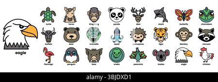 Un ensemble d'illustrations dans le concept de visages d'animaux dans le style dessin au trait Illustration de Vecteur