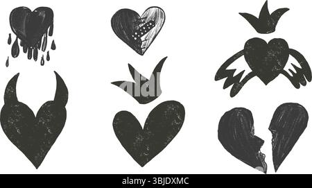 Cœurs brisés avec couronnes et cornes de diable crayon texturé. Marqueur de rupture doodles isolé sur fond blanc. Amour croquis naïf peinture dessinée à la main Illustration de Vecteur