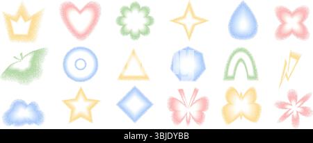 Ensemble de formes géométriques de gradient de bruit de couleur de grain. Y2K rétro coeur, goutte et couronne avec des formes florales. Icônes colorées de papillon et d'étoile sur backgrou blanc Illustration de Vecteur