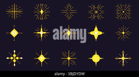 Étoiles Pixel art. jeu de 8 bits scintillants. Icônes de feu d'artifice magique dans le style rétro des années 90. Décoration éclatante de Noël scintillante. Y2K vintage party doré Illustration de Vecteur