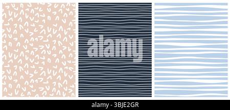 Motifs vectoriels géométriques abstraits mignons.simple conception irrégulière enfantine sans fin avec des taches, des lignes et des rayures sur Un fond beige et bleu. Illustration de Vecteur