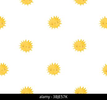 Cute Nursery Seamless Pattern avec Smiling Sun.Happy Sun sur un fond blanc. Dessin animé de style Kawaii dessiné à la main de Happy Sun.Sunny Endless Print. Illustration de Vecteur