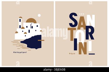 Illustration vectorielle abstraite simple des bâtiments de 'Santorin' et de Faumous Island sur un fond beige poussiéreux. Paysage moderne Blue-Biege Santorin. Illustration de Vecteur
