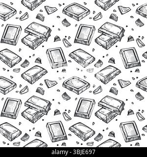 Chocolat, tranches et morceaux de chocolat, barre de chocolat, tous les objets sont dessinés à la main en vecteur en gris foncé. Motif vectoriel sans couture. Convient pour Illustration de Vecteur