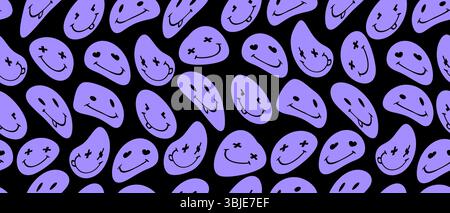 Tendance Cool Seamless Vector Pattern avec émoticônes torsadées violettes isolées sur un fond noir. Motif ondulé abstrait simple style Y2K. Illustration de Vecteur