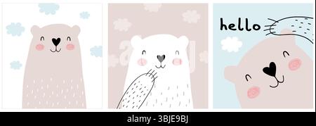 Jolies illustrations vectorielles d'ours en peluche blanc et brun dessinées à la main. Lovely Nursery Art avec Funny Dreamy Baby Bear. Wodland animal Art. Joyeux ours. Illustration de Vecteur