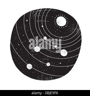 Simple abstrait Solar Syste illustration vectorielle avec Soleil et planètes. Planètes blanches dessinées à la main et étoiles dans un cadre rond irrégulier noir. Jardin d'enfants Art. Illustration de Vecteur