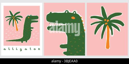 Dessins drôles de style infantile avec Big Green Alligator et Palm Tree. Jolie illustration vectorielle dessinée à la main avec crocodile. Cool Nursery Art avec Croc. Illustration de Vecteur
