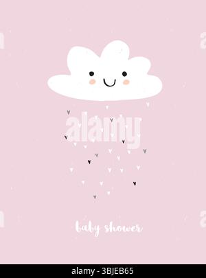 Jolie carte vectorielle simple de douche de bébé. Blanc Fluffy Smiling Cloud sur un fond rose clair. Pluie de cœurs minuscules irréguliers. Carte douche bébé. Illustration de Vecteur