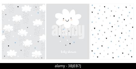 Nuage souriant moelleux blanc sur un fond gris clair. Simple Baby Shower Vector Card pour bébé garçon. Motifs sans couture avec cœurs et nuages. Illustration de Vecteur