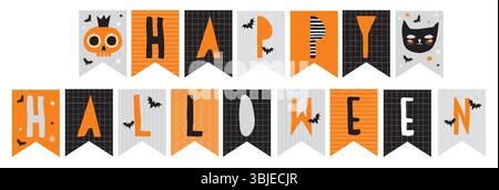 Drapeaux de banderole d'Halloween dessinés à la main avec chat mignon, crâne effrayant, chauves-souris noires et minuscules étoiles. Manuscrit joyeux Halloween. Décoration de fête d'Halloween. Illustration de Vecteur