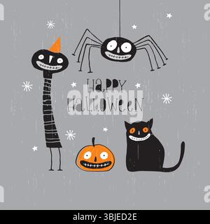 Carte vectorielle amusante d'Halloween tirée à la main. Freaky Black Cat, Angry Pumpkin, araignée noire mignonne, Creepy Clown dans Party Hat sur Un fond gris. Illustration de Vecteur