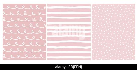 Cute infantile style dessiné à la main motifs géométriques irréguliers. Bandes horizontales blanches, points et vagues avec boucles sur un fond rose clair. Illustration de Vecteur