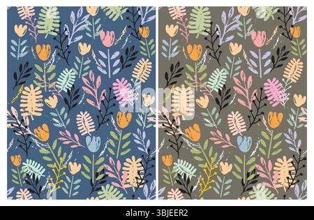 Ensemble de motifs vectoriels mignons à motif floral dessinés à la main. Brindilles et fleurs rose pastel, gris et vert menthe sur fond bleu et brun. Imprimé fleuri enfantin. Illustration de Vecteur