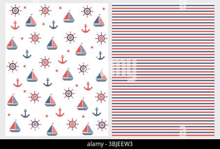 Joli ensemble de motifs vectoriels nautiques. Bateaux, ancres, gouvernails et étoiles isolés sur fond blanc. Motif de rayures rouges et bleues. Motif nautique. Illustration de Vecteur