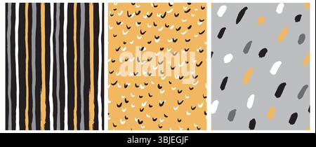 Motifs vectoriels géométriques abstraits mignons.simple conception irrégulière enfantine sans fin avec des taches, des points et des rayures sur Un fond gris, jaune et noir. Illustration de Vecteur