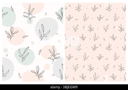 Motifs vectoriels sans couture floraux dessinés à la main. Feuilles et brindilles d'olive esquissées noires isolées sur un fond en pointillé rose clair, beige et blanc. Illustration de Vecteur
