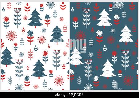Cute Christmas Holidays Seamless Vector Patterns Set. Imprimé forêt hivernale de style scandinave. Motif de Noël de style rustique avec des arbres et des fleurs. Illustration de Vecteur