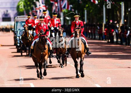La famille royale redescend le Mall depuis le terrain de parade lors de Trooping the color le samedi 14 juin 2025 au Buckingham Palace, Londres. La compagnie numéro 7 Coldstream Guards met en place leur couleur en présence de sa Majesté le Roi. Plus de 1350 soldats de la Household Division et de la King’s Troop Royal Horse Artillery y ont participé, dont plus de 300 musiciens des groupes massés. Crédit photo : Julie Edwards. Banque D'Images