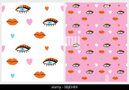 Motifs amusants de vecteur sans couture avec des yeux dessinés à la main, des lèvres et des coeurs sur un fond blanc et rose clair. Imprimé coloré avec les yeux et les lèvres de la femme Illustration de Vecteur