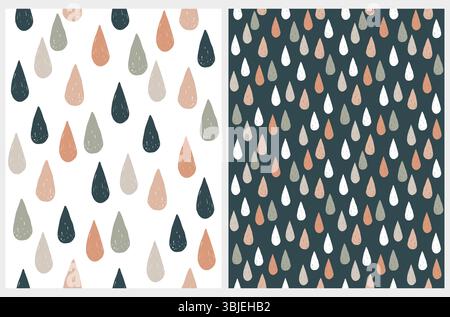 Mignon dessin à la main Baby Shower Vector Semaless Pattern avec des gouttes de pluie bleues, brunes et beiges. Gouttes d'eau Doodle style isolées sur un fond blanc. Illustration de Vecteur