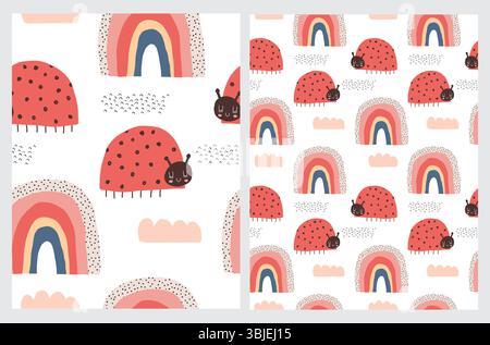 Motifs vectoriels de pépinière dessinés à la main mignons avec des coccinelles rouges drôles, des nuages et des arcs-en-ciel. Joli imprimé enfantin avec des dame Birds et des arc-en-ciel à pois. Illustration de Vecteur