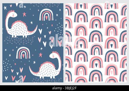 Motifs vectoriels simples mignons avec des dinosaures timides blancs et des arc-en-ciel drôles.Dino blanc, coeurs et étoiles sur un fond blanc et bleu foncé. Illustration de Vecteur