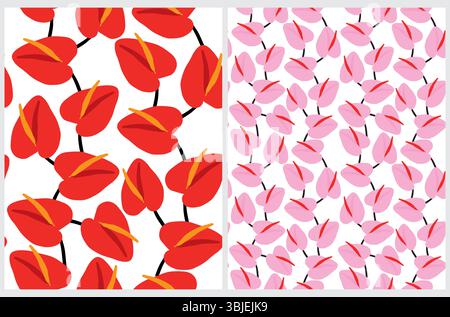 Motifs vectoriels floraux simples avec calles rouge et rose pastel sur un fond blanc. Fleurs tropicales avec longues étamines rouges et jaunes. Illustration de Vecteur