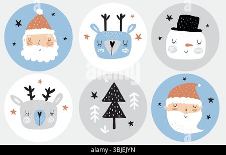 Autocollants vectoriels de fête de Noël mignons. Étiquettes de fête de forme ronde avec bonhomme de neige, cerf, Père Noël et arbres. Garnitures à gâteau des fêtes d'hiver de style enfantin. Illustration de Vecteur