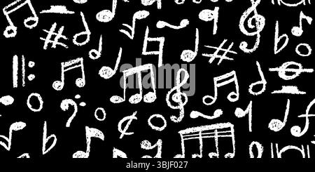 Eléments de musique pop manuscrits. Motif sans coutures de style charbon. Griffonner des notes en noir pour des projets scolaires audacieux. Illustration vectorielle d'un mignon Illustration de Vecteur