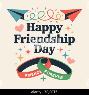 Carte de voeux pour la journée de l'amitié – bandes colorées de l'amitié et avions en papier Illustration de Vecteur