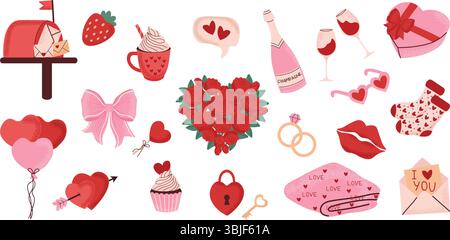 Une collection de symboles d'amour romantiques pour la Saint-Valentin. Cœurs mignons, roses, cadeaux, ballons, chocolats, verres à vin et autres objets sur le thème de l'amour. Illustration de Vecteur