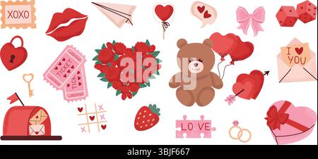 Ensemble mignon d'éléments romantiques. Adorables illustrations de Saint-Valentin avec ours en peluche et décorations. Illustration vectorielle Illustration de Vecteur