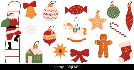 Grand ensemble de boules et décorations pour sapin de Noël. Collection de beaux jouets décoratifs. Ornements de Noël. Illustration vectorielle Illustration de Vecteur