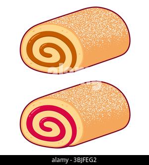 Brazo de reina ou brazo gitano, pâtisserie sucrée traditionnelle. Gâteau roulé suisse rempli de manjar (dulce de leche) et de confiture. Dessin de dessin animé, clip vectoriel Ar Illustration de Vecteur