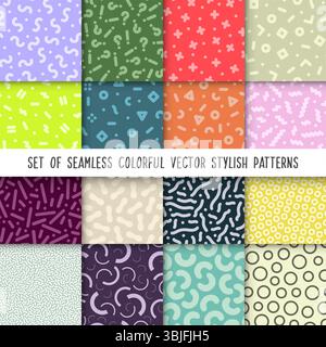 Collection de motifs géométriques sans couture colorés vectoriels avec des formes et des symboles. Arrière-plans tendance inhabituels et lumineux répétables dans un style rétro de la mode Illustration de Vecteur