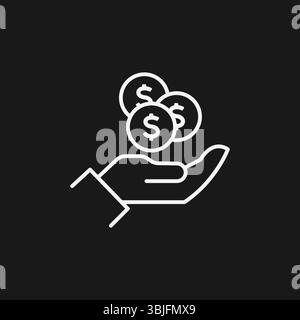 Main tenant des pièces en dollars tombant sur fond noir, représentant l'épargne ou le gain financier, icône contour blanc Illustration de Vecteur