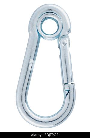 Mousqueton de construction en acier inoxydable, isolé sur un fond blanc. Banque D'Images