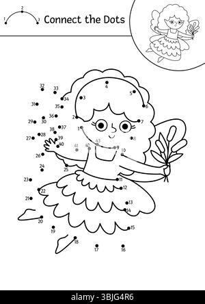 Vecteur noir et blanc fée activité point à point avec fée des marais. Forêt magique connecter le jeu de points, coloriage. Ciseau imprimable de conte de fées Illustration de Vecteur