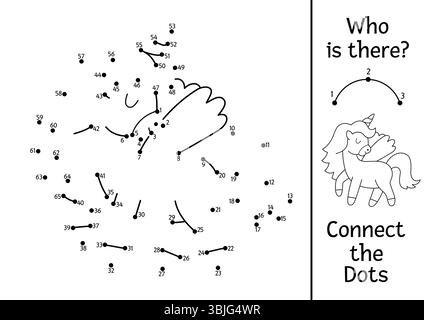 Vecteur noir et blanc Fairyland activité point à point avec licorne. Forêt enchantée connecter le jeu de points, coloriage avec l'animal des bois. Fairyta Illustration de Vecteur