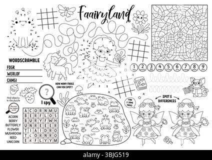 Napperon Fairy Vector pour les enfants. Tapis d'activité imprimable forêt magique avec labyrinthe, TIC tac toe graphique, connecter les points, trouver la différence. Foire aux bois Illustration de Vecteur