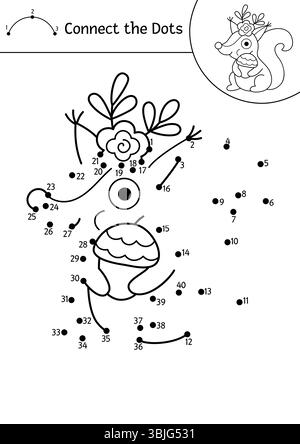 Vecteur noir et blanc fées activité point à point avec écureuil. Forêt enchantée connecter le jeu de points, coloriage avec l'animal des bois. Fairyt Illustration de Vecteur